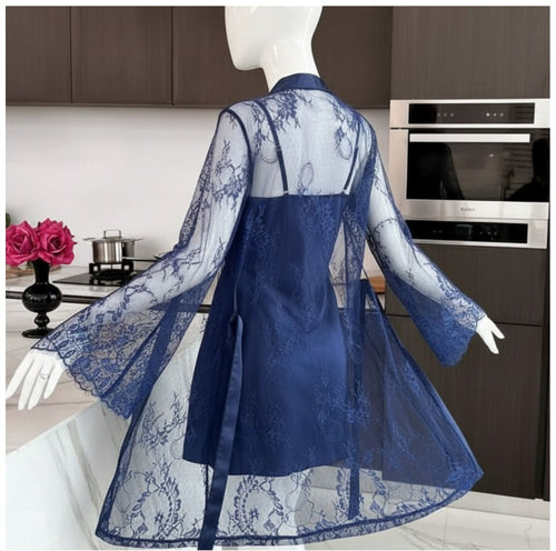 2 Piece Blue Transparent Net Gown Set | Free Size (Fits Up to 38” Chest)