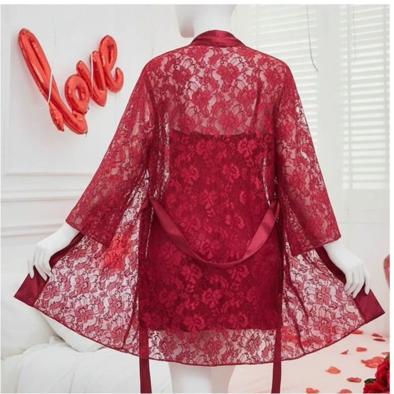 2 Piece Red Transparent Net Gown Set | Free Size (Fits Up to 38” Chest)