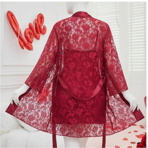2 Piece Red Transparent Net Gown Set | Free Size (Fits Up to 38” Chest)