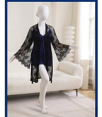 Premium Satin Blue Nightwear Set with Black Lace Gown - Free size