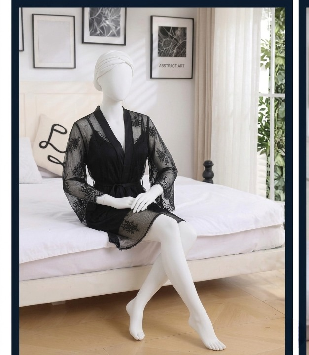 Premium Satin Blue Nightwear Set with Black Lace Gown - Free size