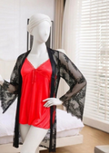 Premium Satin Red Nightwear Set with Black Lace Gown - Free size