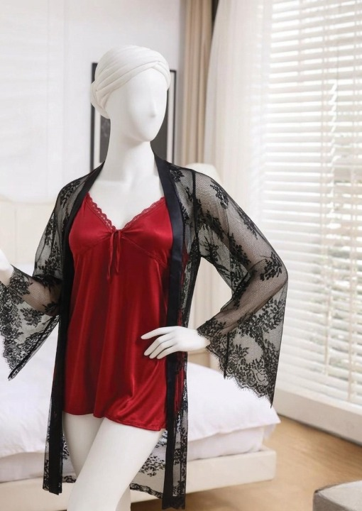 Premium Satin Maroon Nightwear Set with Black Lace Gown - Free size