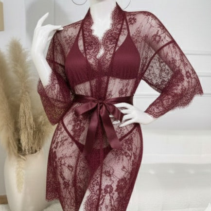 3 Piece Maroon Net Gown Set with Bra & Panty | Free Size (fit upto 38 chest)