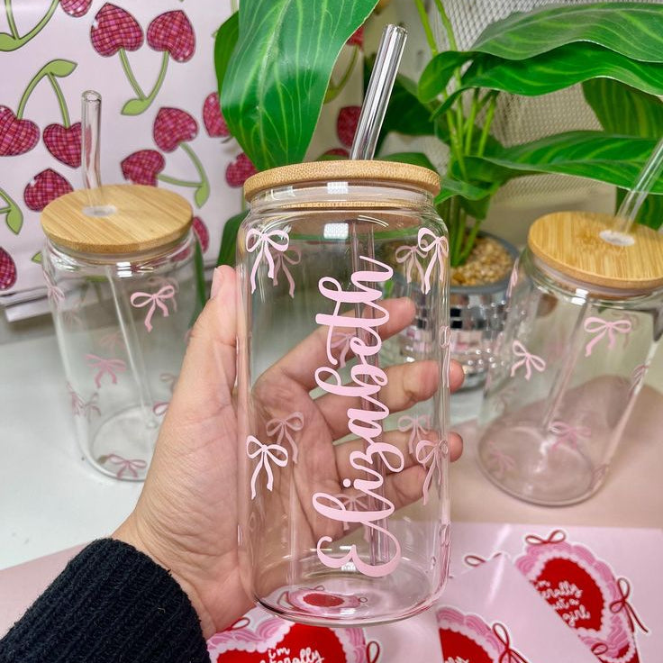 Coquette Bow Personalized Glass Can