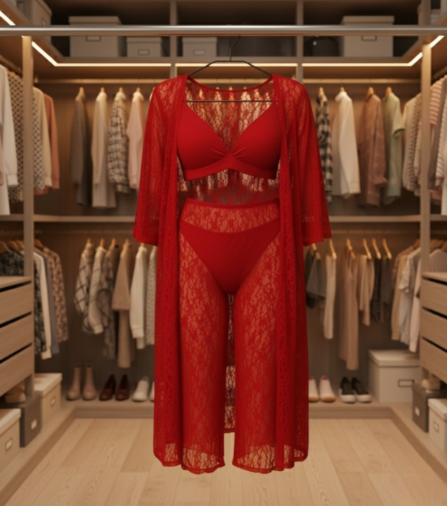 4-Piece Nightwear Set – Stylish Free-Size Including Gown, Bra, Panty & Trouser