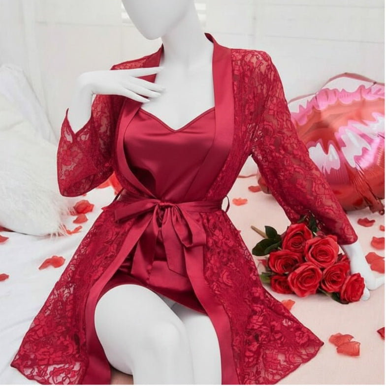 2 Piece Red Transparent Net Gown Set | Free Size (Fits Up to 38” Chest)