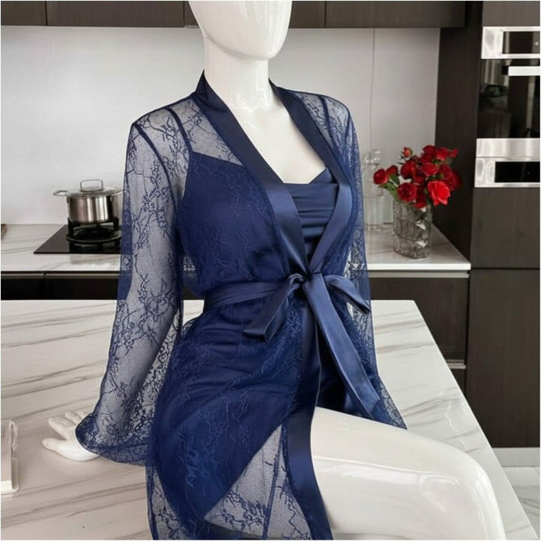 2 Piece Blue Transparent Net Gown Set | Free Size (Fits Up to 38” Chest)